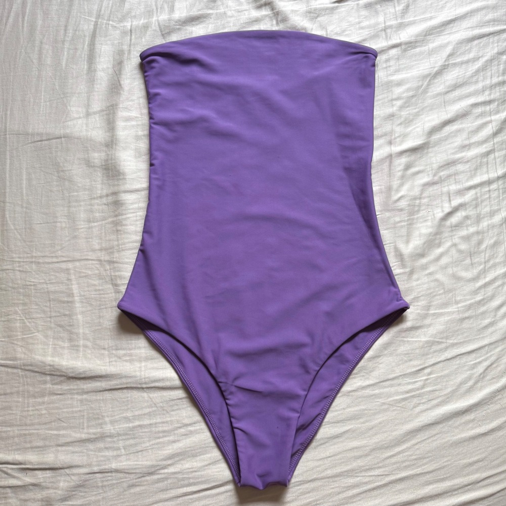 MIKOH purple strapless recycled nylon knit one piece beach swim suit